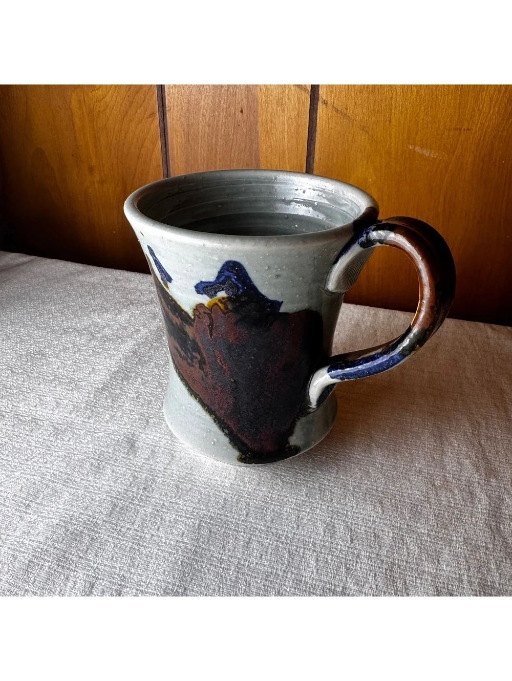 Vintage Studio Pottery Mug 5 Inch Hand Thrown Abstract Drip Glaze Coffee Cup